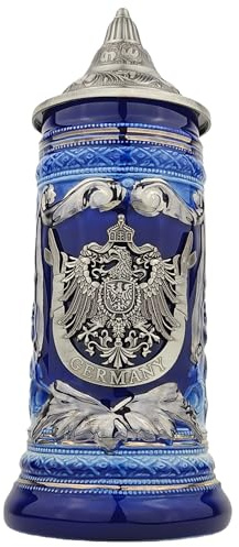 EVERSTYLE Chope à bière avec couvercle - 0,7 l - Chope en pierre avec couvercle pointu et monture en métal « Allemagne » - Idée cadeau pour hommes, père et amateurs de bière (bleu)