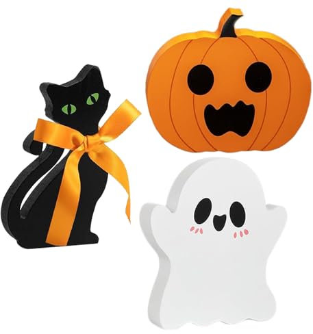 Grtheenumb Tiered Tray Decorations Set, 3PCS/Set Halloween Tiered Tray Decor Cute Black Cat, Ghost and Pumpkin for Home Mantle Fireplace Shelf