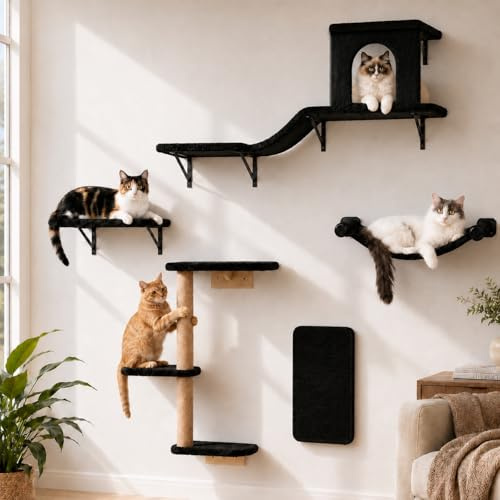 PELUOMOZ 5PC Cat Wall Furniture Set, Hammock Bed with Scratching Post