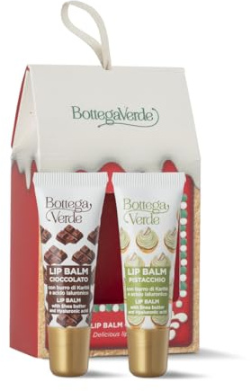 Bottega Verde - Cofanetto Regalo Lip Balm Golosi, con Balsamo Labbra Cioccolato 7 ml e Pistacchio 7 ml, con Burro di Karitè e Acido Ialuronico, Emollienti e Idratanti, Idea Regalo Deliziosa