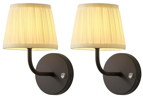 VISDANFO 2 Stück Wiederaufladbar Wandleuchte,LED Dimmbar Wandlampe, mit Touch und Fernbedienung, 5200mAh Akku Wiederaufladbar, mit Stoffschirm, für Schlafzimmer Wohnzimmer Flur(Schwarz + Beige)