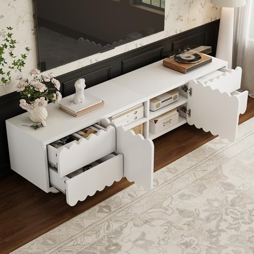 Kelodan Moderner Weißer, 175x38x37cm (LxBxH) Multimedia-Schrank mit Einzigartigem Design, Niedriger Standfuß & Wandpaneel