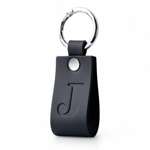 Full Grain Leather Alphabet Letter Keyring for Men & Women, Personalised Initial Keychain for Car & House Keys, Matte Black, Hot Embossed, Premium Gift