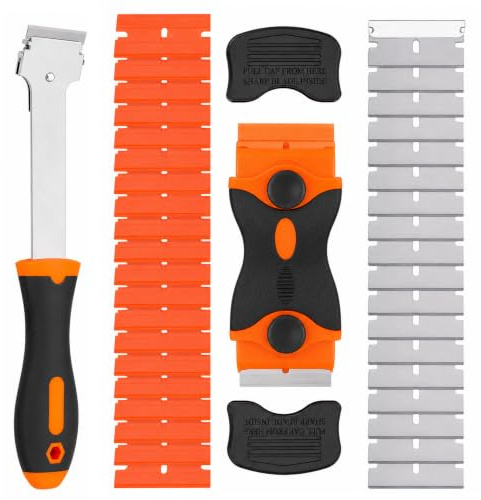 Wallpaper Scraper Non Scratch 2-Piece Scraper Tool Set, Ceramic Hob & Window Scraper, Double-Sided Glass Scrapers with Plastic & Metal Refill - Paint, Glue & Adhesive Remover for Oven and Hob