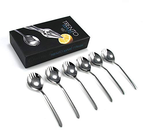 Franquihogar - Cubertería para ostras, mejillones, vieiras, zamburiñas, tenedor para pinchos | 6 cuchara-tenedor y exprimidor de acero inoxidable | Trento Mare edición deluxe