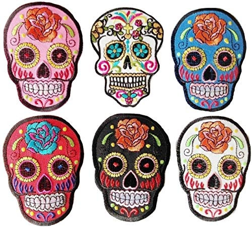 Aufnäher Patches Set für Kleidung Jacken Jeans Frauen Bügelbild Flicken Stoff Patch Kleider Aufnäher Patches Aufbügler zum Aufbügeln Set Skull Aufnäher 6 er Set