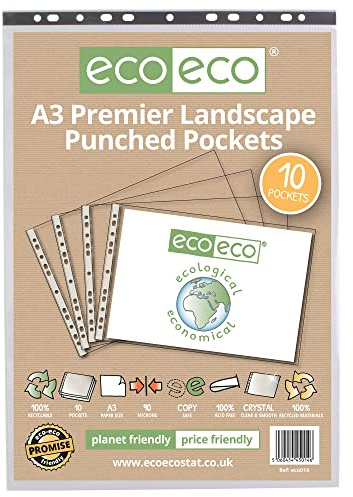 eco-eco A3 Landscape 100% Recycled Premier Multi Punched Pockets Glass Clear, Transparent Poly Wallet Sheet Protector, 90 Microns (Pack of 10)