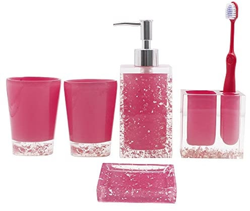 LUANT Resin Soap Dish, Soap Dispenser, Toothbrush Holder & Tumbler Bathroom Accessory 5 Piece Set (Pink)