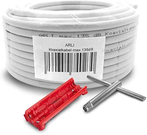 ARLI 50m Koaxialkabel 135dB 5-fach geschirmt + Abisolierer & Aufdrehhilfe – Werkzeug Set für DVB-S/S2 DVB-T/T2 DVB-C/C2 4K UHD HDTV Sat Antennenkabel