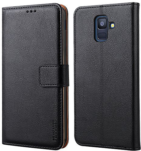 Peakally für Samsung Galaxy A6 2018 Hülle, Premium PU-Leder Tasche Flip Wallet Case [Standfunktion] [Kartenfächern] PU-Leder Schutzhülle Brieftasche Handyhülle für Samsung Galaxy A6 2018 5.6-Schwarz
