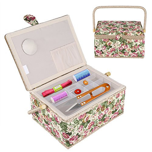 SOULONG Nähkästchen, Nähkorb Aufbewahrung Organizer Elegant Stil Tragbar Tasche Baumwolle Kunststoff Holz 30.5 x 23 x 15.5cm