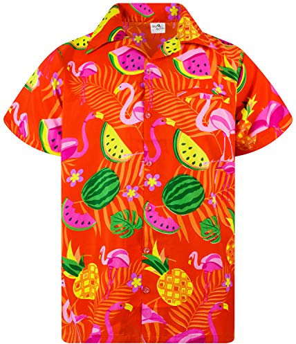 King Kameha Hawaiian Shirt Men Fruit-Designs Regular-Shirt Short-Sleeve, Flamingo-Melon, Orange, M