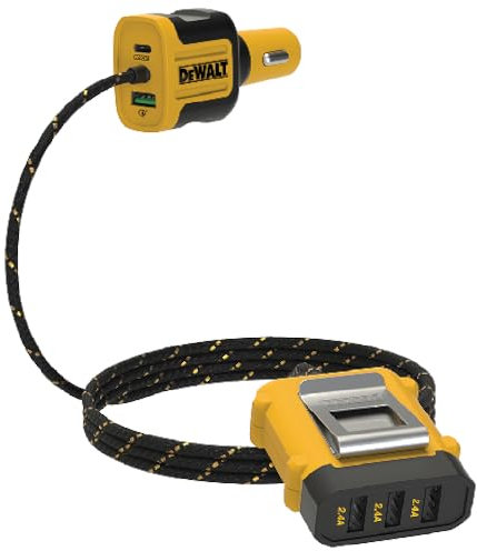 DEWALT Heavy Duty 72W 5 Port USB Car Charger Multiport, iPhone 16 Multi USB Car Charger, Fast Charge PD & QC3.0 Cigarette Lighter Adapter w/ 6FT Cable, Type C Front/Back Charging for Multiple Devices