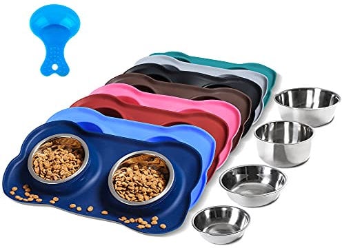 Hubulk 2 Stainless Steel Pet Dog Bowls with No Spill Non-Skid Silicone Mat + Pet Food Scoop Water and Food Feeder Bowls for Feeding Small Medium Large Dogs Cats (Small, Navy Blue)