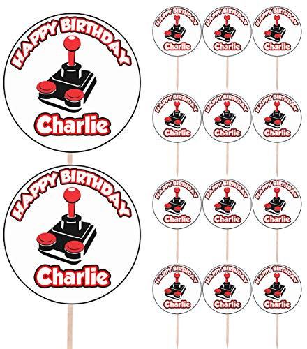 AK Giftshop Personalised Retro Gaming Joystick Birthday Food & Cupcake Toppers Picks Flags Party Decorations - (pack of 14)
