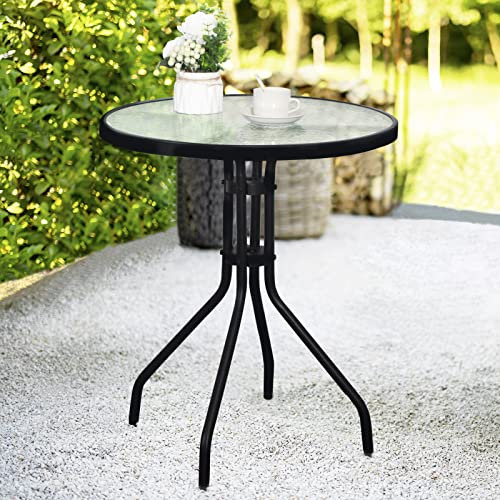 DIMAR GARDEN Table basse d'extérieur - Table ronde de terrasse - Cadre en métal - Table en verre trempé - Noir