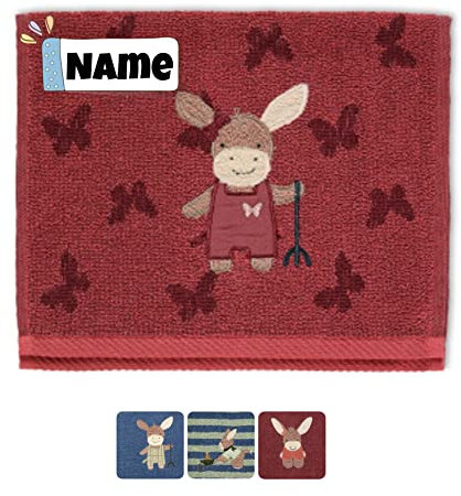 Sterntaler Seiftuch | Baby Sterntaler Handtuch personalisiert | 30 x 50 cm | Baby Seiftuch | Kinderhandtuch mit Name | mit Namen | Bestickt mit Name | Baby Erstausstattung (Emily Esel hellrot)