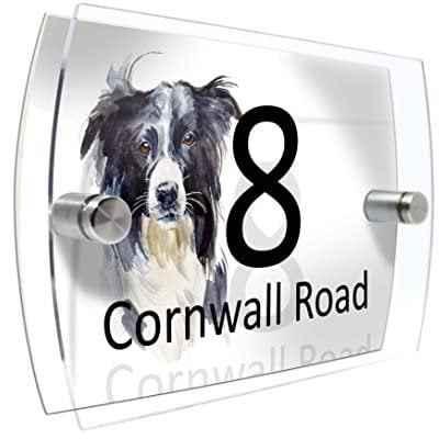 House Number Plaque Sign Door Road Plate for Dog Lovers Personalised Watercolour Print (D413 Border Collie2)