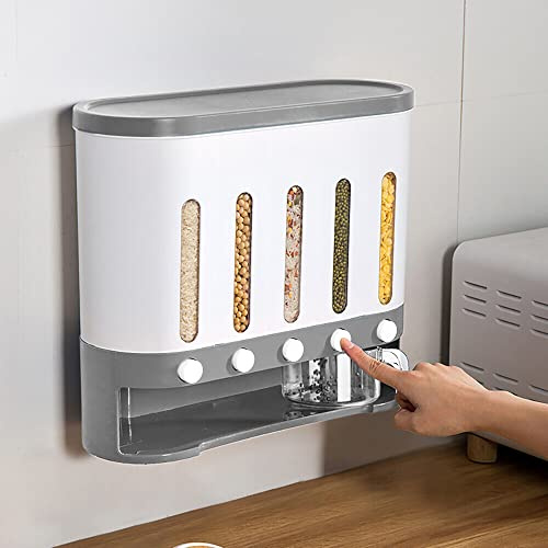 Bazargame 5 in 1 Getreidespender Wandmontage Küche Müslispender Reisspender Vorratsdose Luftdicht Bohnen Lebensmittelspender 10L Weiß