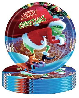 YAAVAAW Lot de 16 assiettes en carton jetables pour fête de Noël - 23 cm - Motif grinch - Assiettes de Noël pour enfants - Fournitures de fête d'anniversaire et de Noël - Décorations de table