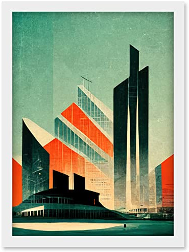 Doppelganger33 LTD Futuristic Abstract Architecture Cityscape Teal And Orange Artwork Framed Wall Art Print A4