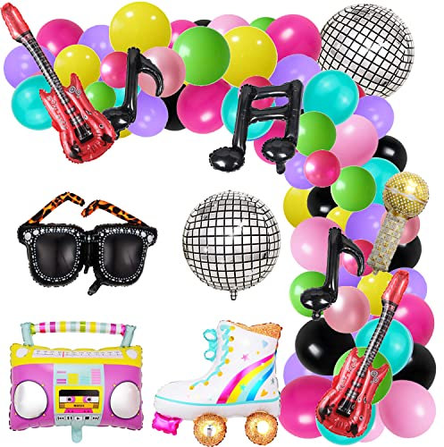 80er Jahre 90er Jahre Party Dekorationen Bundle Radio Boom Box, 139PCS Roller Skate 4D Disco Folie Ballons Retro Handy Gitarre Mikrofon Ballons Girland Bogen Kit Hip Hop Disco Fieber Party Dekoration