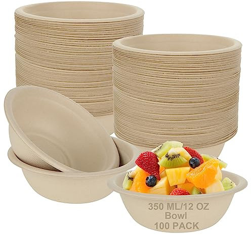 CYEER 100Pack 350ml 12oz Strong Disposable Paper Bowls, Compostable Paper Bowls, Eco-Friendly Natural Sugarcane Bagasse Disposable Dessert Serving Bowls for Garden Party, Wedding, Birthday