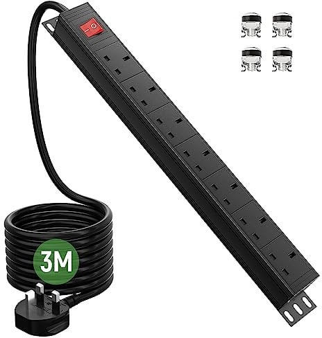 Surge Protected Extension Lead 3M, HANNELORE 7 Way Power Strip with Switch, Power Distribution Unit PDU Rack Mount Power Strip, 13Amp Multi Plug Extension Sockets for Home, Office and Industrial Use
