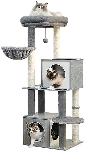 PETEPELA Kratzbaum für Katzen, 130 cm, Katzenturm mit Doppelhöhlen, abnehmbare, geräumige Sitzfläche, vollständig mit Sisal umwickelte Kratzstämme, austauschbare baumelnde Bälle, Grau