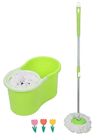 Juego de cubo de gasolina y escoba con flecos de microfibra, cubo desmontable y fregona mágica giratoria de 360 °, cubo doble compartimento verde)