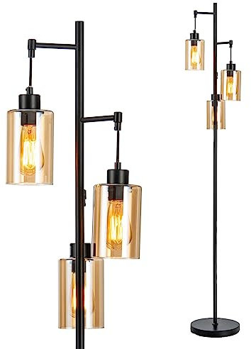 TANGZON 3-Light Floor Lamp, Industrial Metal Standing Lamp with 3 E27 Sockets, Foot Switch & Antique Glass Lampshades, Tall Tree Torchiere Floor Light for Living Room Bedroom Sofa Office