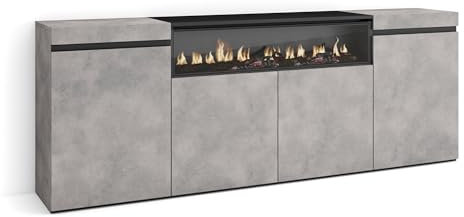 Skraut Home | Sideboard, Highboard | Kommode, Komodenschrank | 200x75x35cm | 4 Türen | Elektrokamin. Maße | Moderner Stil | Zement