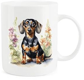 Purely Home Dachshund Flowers Mug - Dog Lover Dachshund Sausage Dog Owner Gift Present - Tea Coffee White Bone China Mug