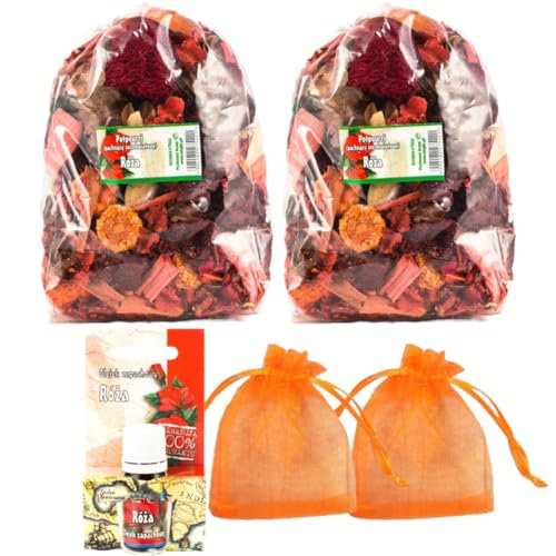 Ensemble de Potpourri parfumé à la Rose - 2 Grands Sacs, 1 Huile parfumée à la Rose, 2 sachets en Organza | Décoration Estivale pour la Maison | Fleurs séchées pour Vase | Subtil arôme de Rose