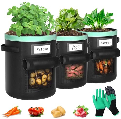 Paerduo Kartoffel Pflanzsack 50 Liter 3 Stück: Pflanzsäcke mit Griffen und Sichtfenster Kartoffelpflanzsäcke Kartoffelsack zum Pflanzen für Gemüse Blumen Früchte(Schwar, 13 Gallonen)