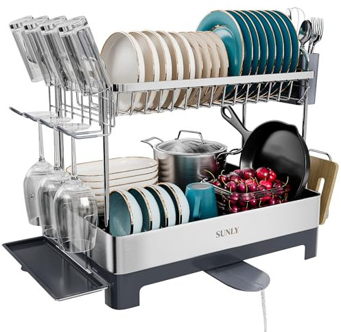 SUNLY Escurridor de platos grande, multiusos, de 2 niveles, para encimera de cocina, acero inoxidable 304, tabla de drenaje extra grande