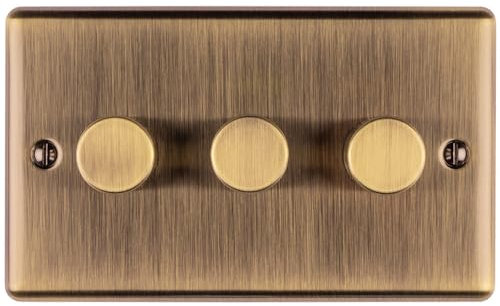 3 Gang 400W LED 2 Way Rotary Dimmer Switch ANTIQUE BRASS Light Dimming Plate - Decorative Metal Wall Plate