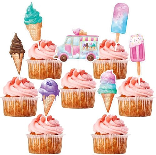 WERNNSAI Eiscreme Party Decorations - 35 Stück Eis Geburtstags Kuchen Deko Mädchen Kinder Eiscreme Rosa Cupcake Toppers Picks Sommerparty Geburtstagsparty Tortendeko Kuchendekorationen Zubehör