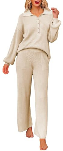 Sovoyontee Frauen 2-teilige Outfit Pullover Set Langarm Knopf Strick Pullover Top Weite Bein Hosen Pocket Sweatsuit Beige XL
