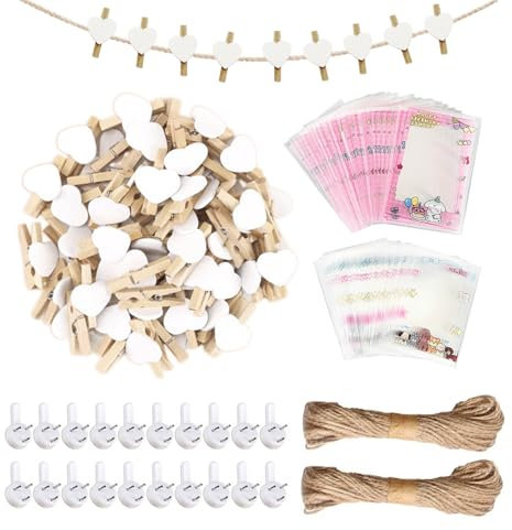 100 clips con 10 metros de cuerda y 2 clavos sin costuras, 20 soportes para tarjetas de fotos, clips de amor de madera, soporte para tarjetas de vacaciones, clips de fotos, clips de decoración
