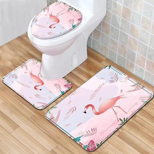 Bad Teppiche Set 3-Teiliges Elegante Rosa Blumen WC Vorleger Mit Ausschnitt Badematte Saugfähig WC Deckelbezug Badvorleger rutschfest Waschbar Toilettensitzbezug Badgarnitur (50x80cm)