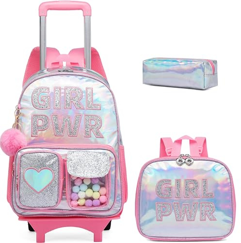 Meetbelify Mochila con ruedas para niñas de 6 a 8 años de edad, mochila con ruedas para estudiantes de primaria, mochila escolar con lonchera y estuche para lápices, Rosa Prw