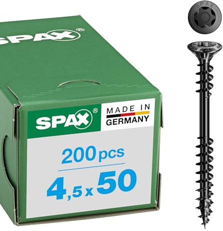 SPAX Fassadenschraube 4,5 x 50 mm, 200 Stück, Edelstahl rostfrei A2 BLAX, Fixiergewinde, T-STAR plus T20, Linsensenkkopf, 4CUT – 25470404505022