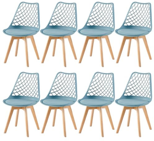 EGGREE Juego de 8 Sillas de Comedor Escandinavas Ahuecadas SGS Probado, Un Juego de 8 Sillas de Cocina Retro Vaciado Sillas de Oficina, Patas de Haya Maciza - Morandi Azul Claro