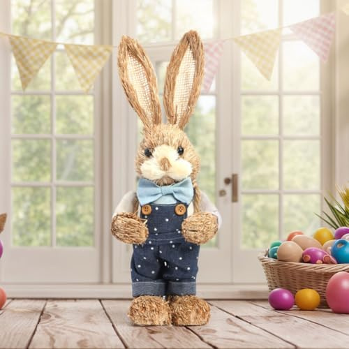 Demiawaking 35cm Stroh Hase Osterhase Statue, rustikale Kaninchen Ornament Figur, Osterdeko, Foto Requisiten für Frühling Ostern Deko Geschenk (F)