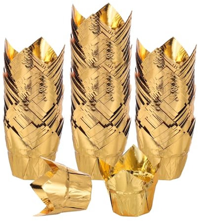 sourcing map 100 pirottini a tulipano per cupcake, muffin, in alluminio, pirottini per cupcake, muffin, per matrimoni, feste di compleanno, colore oro