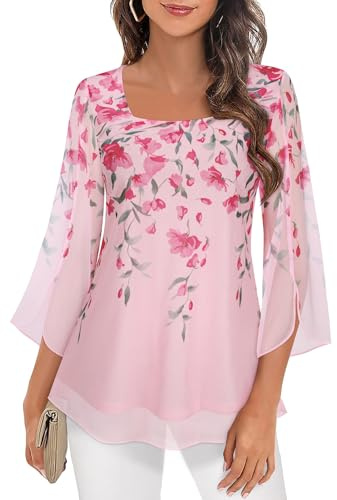 Syphiby Camicette da donna a tunica con maniche a 3/4 con volant e scollo quadrato, in chiffon, a doppio strato, taglie M-3XL
