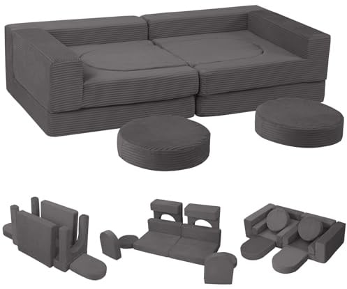 MeMoreCool Modulsofa 8-teilig Cord – Weiche Schaumstoff-Sitzlandschaft für Kinderzimmer & Wohnzimmer Flexibel anpassbar | Waschbare Bezüge | Kindersicheres Lounge-Sofa für Spielen & Entspannen, Grau
