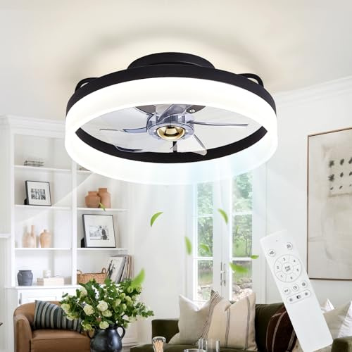 POWROL Deckenventilator mit Beleuchtung 40cm Kleiner Deckenlampe mit Ventilator Reversibler 6 Gang Deckenventilatoren 3 Farbiger Dimmbarer LED Ventilator Lampe Decke Timing Lichtgedächtnis Wohnzimmer
