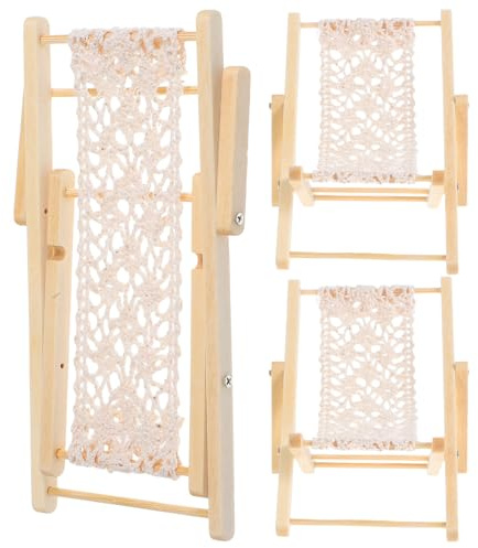 BAZEITFLOW 3 Stück Kleiner Holzstrandstühle Kompakt für Puppenhaus Miniaturmöbel Selbstgemacht Mikro Liegestühle für Feengarten Dekoration